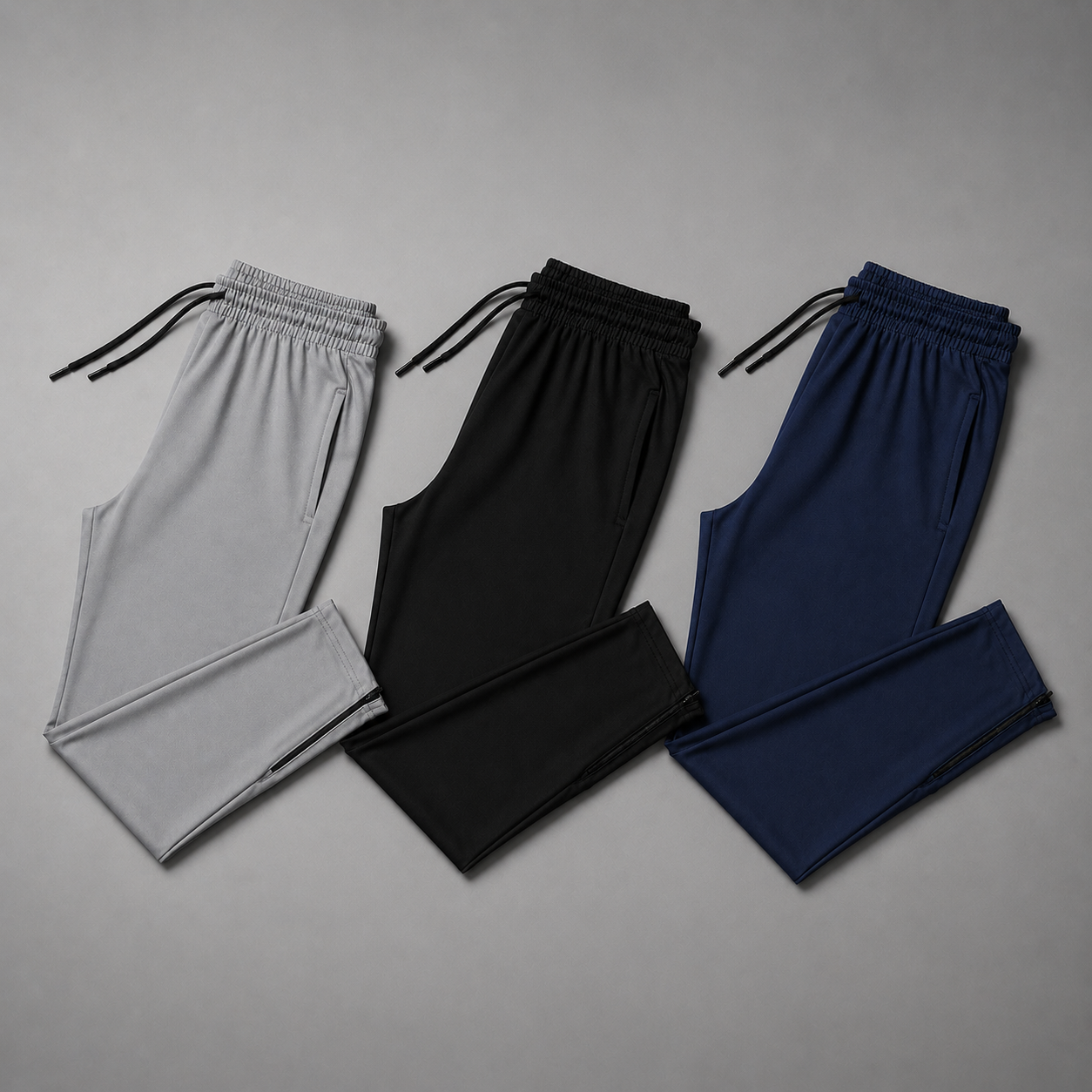 Calças Dry Fit cinza, preto e azul-marinho