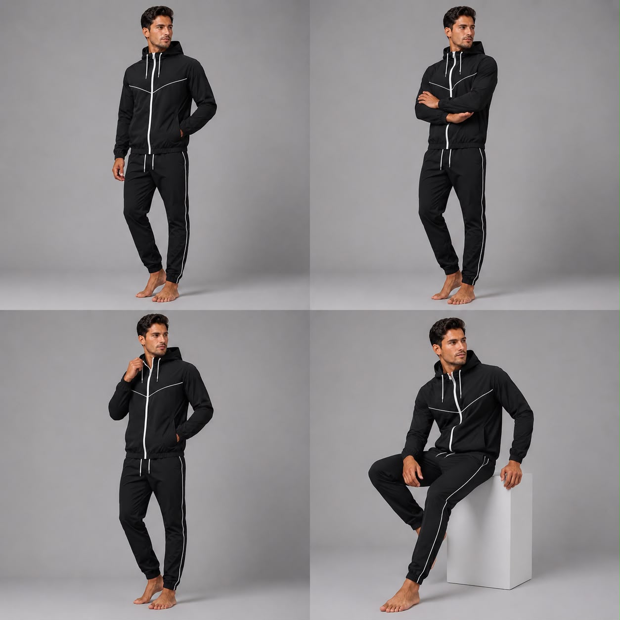 Conjunto de elastano preto em diferentes poses