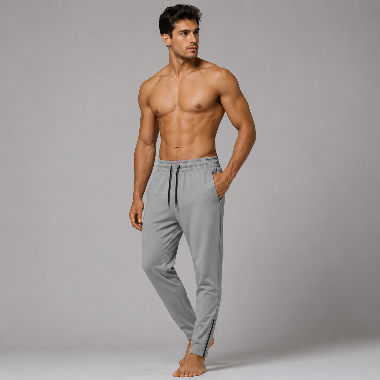 Modelo vestindo calça Dry Fit grafite