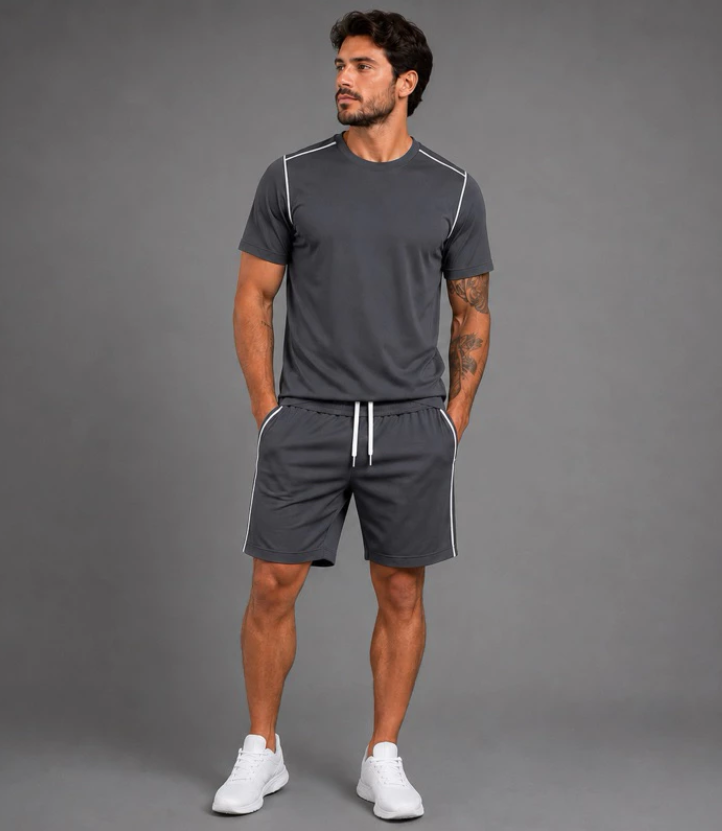 Modelo vestindo conjunto esportivo grafite A2N Sport