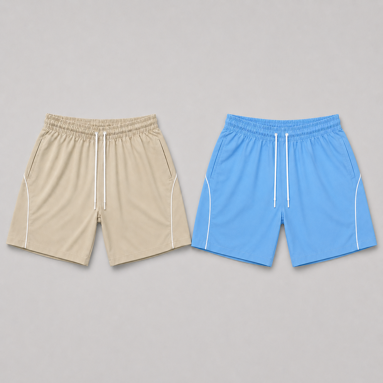 Shorts esportivos bege e azul-bebê