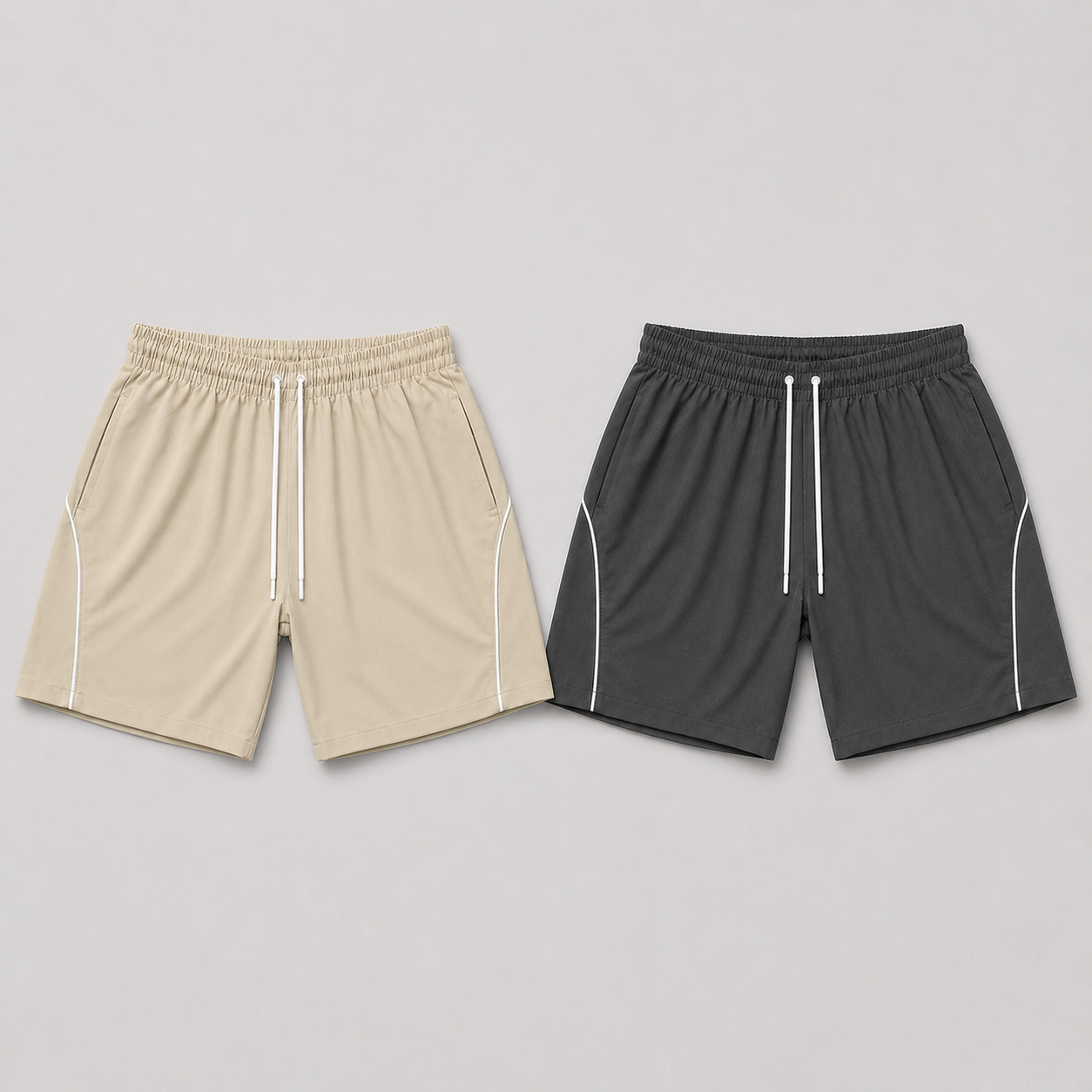 Shorts esportivos bege e grafite